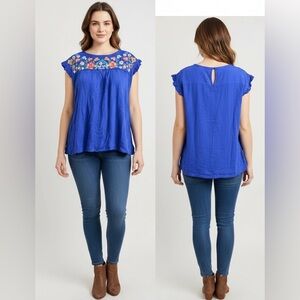JODIFIL RUFFLED SLEEVE EMBROIDERED ROYAL BLUE TOP